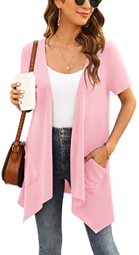 Yommay Strickjacken für Damen Elegant Solide Kurzen Ärmel Strickjacke Casual Sommer Leichter Lockere Cardigan mit Taschen,Rosa,X-Large von Yommay