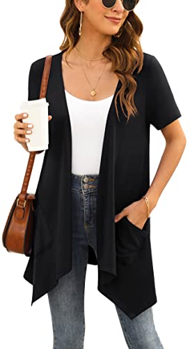 Yommay Strickjacken für Damen Elegant Solide Kurzen Ärmel Strickjacke Casual Sommer Leichter Lockere Cardigan mit Taschen,Schwarz,Groß von Yommay
