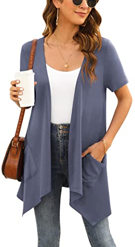 Yommay Strickjacken für Damen Elegant Solide Kurzen Ärmel Strickjacke Casual Sommer Leichter Lockere Cardigan mit Taschen,Violett Grau,Groß von Yommay