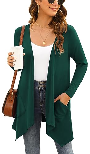 Yommay Strickjacken für Damen Elegante Langarm Damen Lässig Licht Cardigan High Low Saum mit Taschen,Dunkelgrün,Groß von Yommay