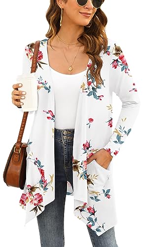 Yommay Strickjacken für Damen Elegante Langarm Damen Lässig Licht Cardigan High Low Saum mit Taschen,Floral Off Weiß,Groß von Yommay