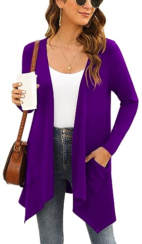 Yommay Strickjacken für Damen Elegante Langarm Damen Lässig Licht Cardigan High Low Saum mit Taschen,Lila,X-Large von Yommay