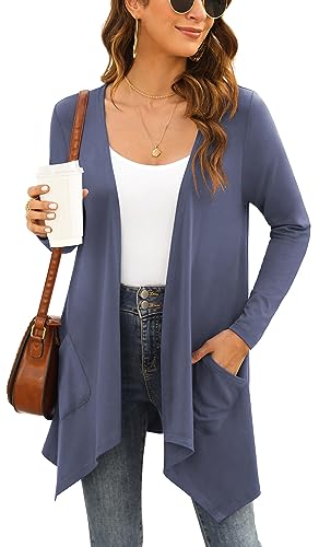 Yommay Strickjacken für Damen Elegante Langarm Damen Lässig Licht Cardigan High Low Saum mit Taschen,Violett-Grau,X-Large von Yommay