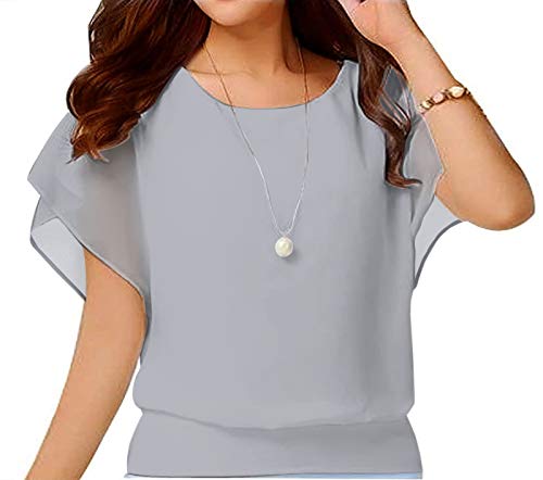 Yommay T-Shirts für Damen Chiffon Bluse Casual Basic Kurzarm Tops Sommer Oberteile Elegant Komfor,Grau,XXL von Yommay