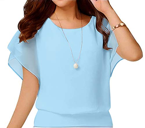 Yommay T-Shirts für Damen Chiffon Bluse Casual Basic Kurzarm Tops Sommer Oberteile Elegant Komfor,Hellblau,L von Yommay