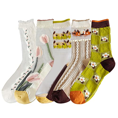 Yomutiur Durchsichtige Damensocken, Sommersocken, transparent, dünn, Netzstoff, Spitze, elastisch, Jacquard-Kristallglas, E 5 Paar, Einheitsgröße von Yomutiur