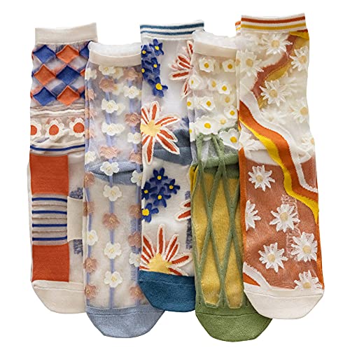 Yomutiur Durchsichtige Damensocken, Sommersocken, transparent, dünn, Netzstoff, Spitze, elastisch, Jacquard-Kristallglas, A 5 Paar, Einheitsgröße von Yomutiur