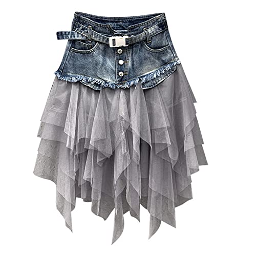 Frauen Lässige Röcke Mesh -nähen Jeansrock Hoher Taille Schlanker Jeansrock Plissierte Rohe Saum von YonYeHong