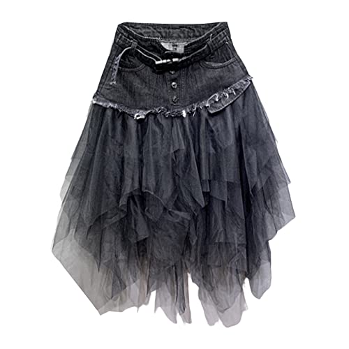 Frauen Lässige Röcke Mesh -nähen Jeansrock Hoher Taille Schlanker Jeansrock Plissierte Rohe Saum von YonYeHong