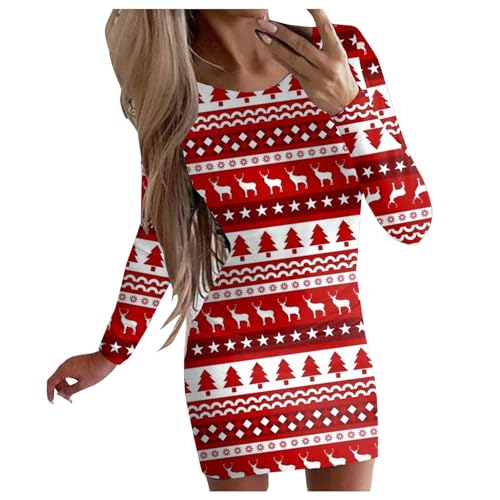 Frauen Weihnachten T-Shirt Runde Nackenbluse Top Weihnachtsdruck Mini Kleid Schlanke Hemden von YonYeHong