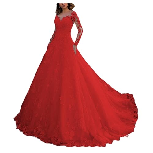 YonYeHong Frauen Abendkleid Langarm Blumenkleid V-Ausschnitt Rückenlesses Kleid Spitze Hochzeitskleid von YonYeHong
