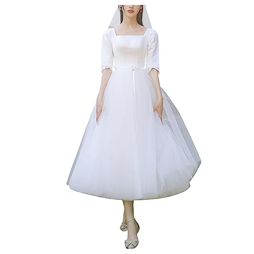 YonYeHong Frauen Hochzeitskleid Mesh U Hals Midi Brautkleider Abendkleider Abschlussballkleider von YonYeHong