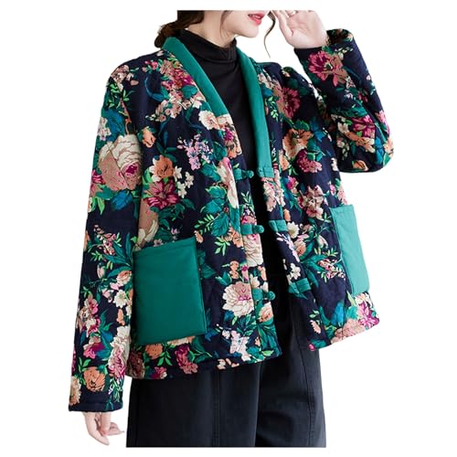 YonYeHong Frauen Thermische Jacke Chinesische Froschknöpfe V-ausschnitt Mantel Blumenmuster Outwear von YonYeHong