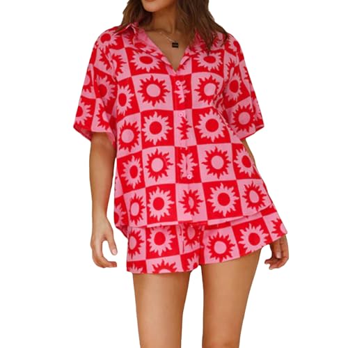 YongXinMY Damen Oversized Sommer Streetwear Beachwear 2-teilige Outfits Mode Gedruckt Kurzarm Button Down Shirt Shorts Co Ord Set, F-rot, XL von YongXinMY
