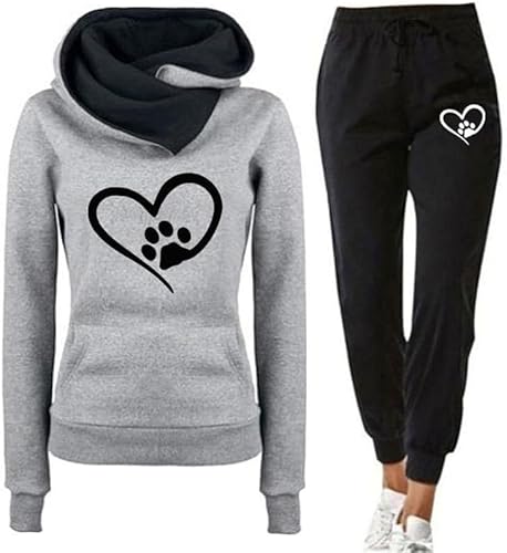 YongXinMY Damen Trainingsanzug Set Hund Pfote Herz 3D Gedruckt Hoodie und Jogginghose Hosen Set Lustig Freizeit Herbst Winter Zweiteiliges Set Sportbekleidung, # 9, M von YongXinMY