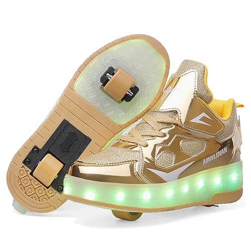 YongerYong Jungen Mädchen Skateboard Schuhe mit LED Blinkend Schuhe mit Rollen Skate Automatisch Einziehbar Komfort Outdoor Sportschuhe für Kinder, Gold 30EU von YongerYong