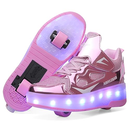 YongerYong Jungen Mädchen Skateboard Schuhe mit LED Blinkend Schuhe mit Rollen Skate Automatisch Einziehbar Komfort Outdoor Sportschuhe für Kinder, Rosa 30EU von YongerYong