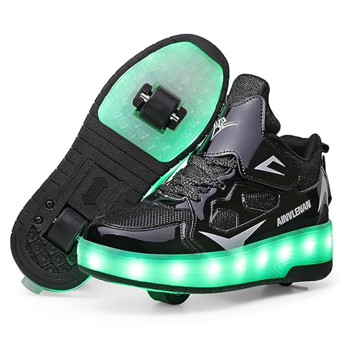 YongerYong Jungen Mädchen Skateboard Schuhe mit LED Blinkend Schuhe mit Rollen Skate Automatisch Einziehbar Komfort Outdoor Sportschuhe für Kinder, Schwarz 30EU von YongerYong