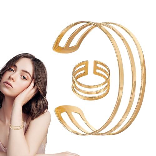 Yongmcxhhj Goldschmuckset, Gold Damen Schmuck Set, Modischer Zarter Stapelbarer Ästhetischer Ring Und Armband Mit Dreischichtiger Hohlkufe Für Besondere Anlässe Und Zum Täglichen Tragen von Yongmcxhhj