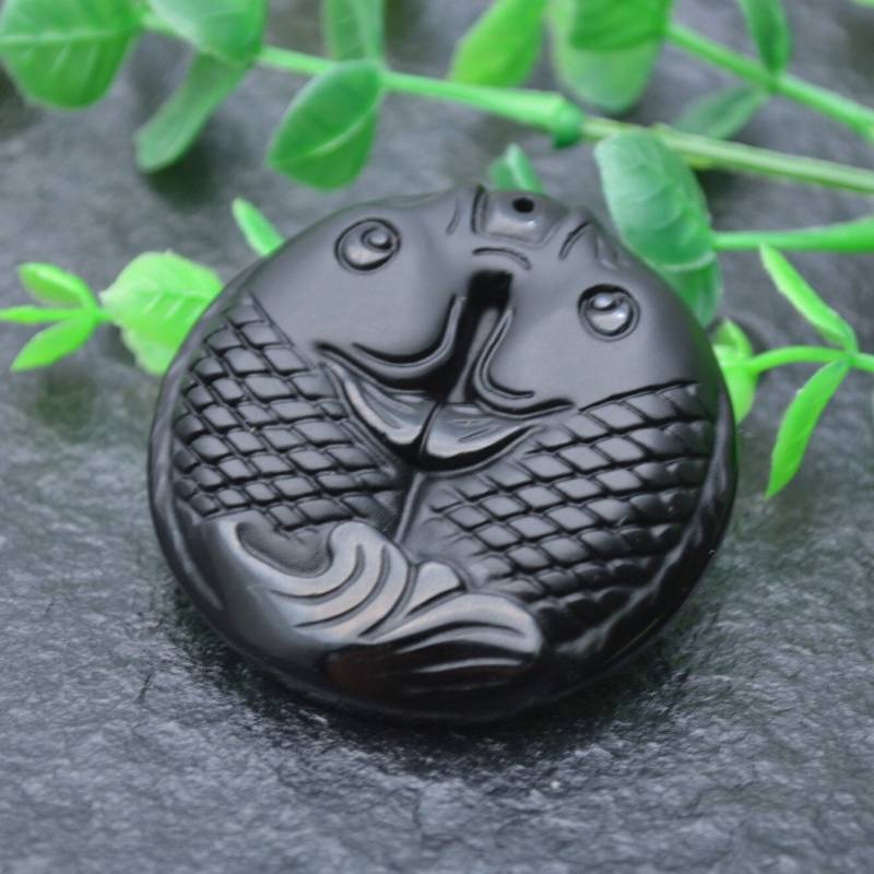 Süßer Doppelfisch Natürlicher Schwarzer Obsidian Geschnitzter Stein Glücksanhänger von YongyangBeads