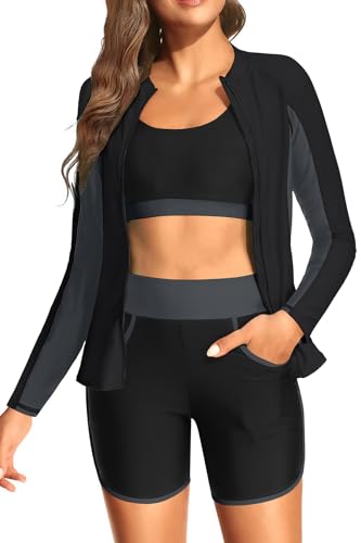 3-teiliger Rashguard-Badeanzug für Damen, langärmelig, integrierter BH, Schwimmshirt, Reißverschluss, Badeanzug mit Taschen, schwarz / grau, XXL 3-teiliger Rashguard-Badeanzug für Damen, langärmelig, integrierter BH, Schwimmshirt, Reißverschluss, Badeanzug mit Taschen, schwarz / grau, XXL von Yonique