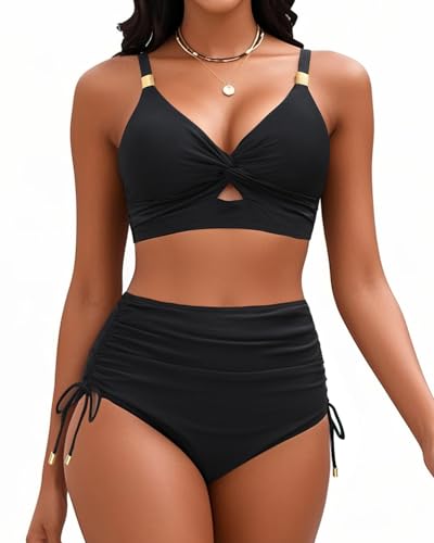 Bikini mit hoher Taille – zweiteiliger Badeanzug für Damen, Bauchkontrolle, bescheidener Badeanzug 2025 mit Cut-Out-Twist-Bademode, Schwarz, S von Yonique