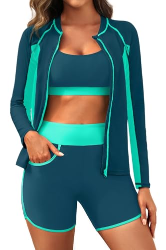 Damen 3-teiliger Rashguard – langärmeliger Badeanzug mit integriertem BH, Schwimmshirt, Reißverschluss, Badeanzug mit Tasche, Blaugrün und Grün, S Damen 3-teiliger Rashguard – langärmeliger Badeanzug mit integriertem BH, Schwimmshirt, Reißverschluss, Badeanzug mit Tasche, Blaugrün und Grün, S von Yonique