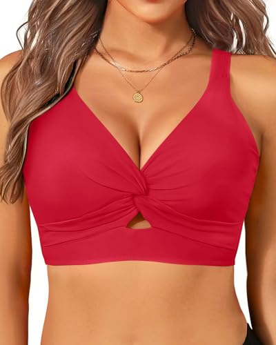 Damen-Bikinioberteil – stützender Badeanzug für große Brust – 2025 Cut Out Twist Badeoberteil, Rot/Ausflug, einfarbig (Getaway Solids), Medium von Yonique