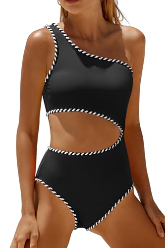 Einteiliger Damen-Badeanzug, Einschulter-Badeanzug, Cutout, Bauchkontrolle, Bademode, Schwarz und Weiß 02, Large von Yonique