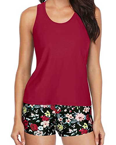 Yonique 3-teilige Badeanzüge für Damen, athletischer Tankini, Teenager, Badeanzug, Bauchkontrolle, bescheidene Bademode mit Jungen-Shorts, Rote Blumen, Medium von Yonique