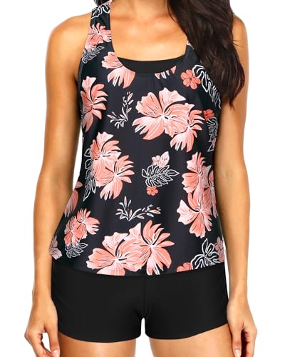 Yonique 3-teilige Damen-Tankini-Badeanzüge mit Shorts, athletischer Badeanzug, Tank Tops mit BH und Boyshorts, black floral, L von Yonique