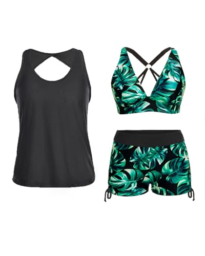 Yonique 3-teilige Tankini-Badeanzüge für Damen, Badeanzüge mit Jungen-Shorts und BH, athletische Bademode, Schwarz und Grün, XL von Yonique