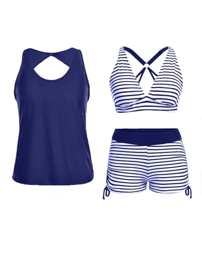 Yonique 3-teiliger Tankini-Badeanzug für Damen, Tank-Top, Badeanzüge mit Boy-Shorts und BH, sportliche Bademode, Blau/Weiß, 20 Plus Yonique 3-teiliger Tankini-Badeanzug für Damen, Tank-Top, Badeanzüge mit Boy-Shorts und BH, sportliche Bademode, Blau/Weiß, 20 Plus von Yonique