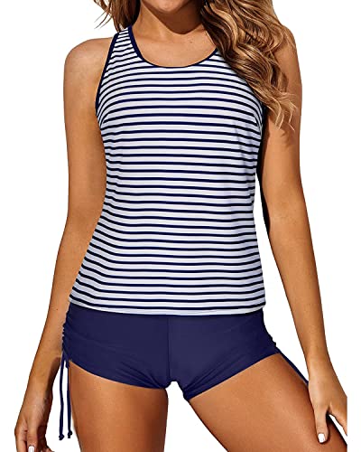 Yonique 3-teiliger Tankini-Badeanzug für Damen, Tank-Top, Badeanzüge mit Boy-Shorts und BH, sportliche Bademode, Blue White Stripes, Large von Yonique