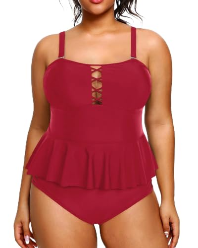 Yonique Badeanzüge in Übergröße, für Damen, Bauchkontrolle, zweiteiliger Badeanzug, Schößchen, Tankini, Oberteil mit hoher Taille, Burgunderrot, von Yonique