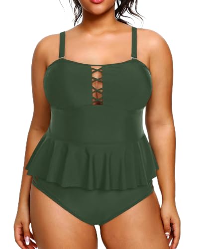 Yonique Badeanzüge in Übergröße, für Damen, Bauchkontrolle, zweiteiliger Badeanzug, Schößchen, Tankini, Oberteil mit hoher Taille, armee-grün, von Yonique