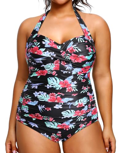 Yonique Badeanzug in Übergröße für Damen, einteiliger Badeanzug, Bauchkontrolle, Neckholder-Tops für Damen, Schwarz-rotes Blumenmuster, 22 Plus von Yonique
