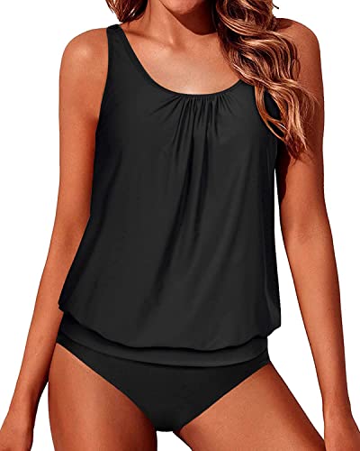 Yonique Black Blouson Tankini Swimsuits for Women Modest Bathing Suits Two Piece Loose Fit Swimwear 22 Plus von Yonique