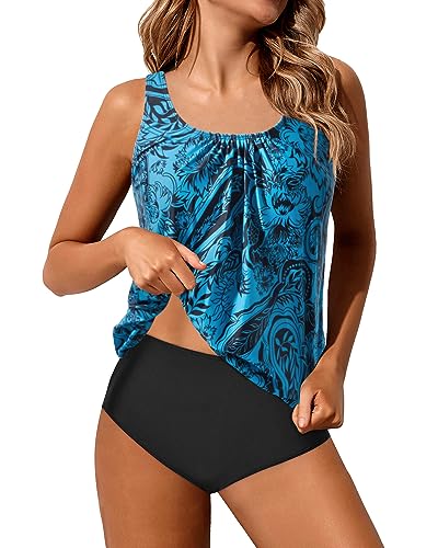 Yonique Blouson Tankini-Badeanzüge für Damen, lockere Passform, Blumendruck, bescheiden, zweiteiliger Badeanzug, Paisleymuster in Blau und Schwarz, XX-Large von Yonique