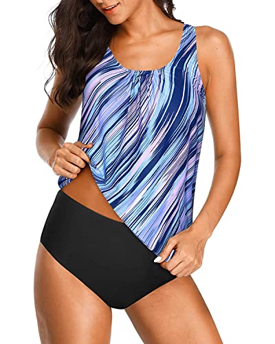 Yonique Blouson Tankini-Badeanzüge für Damen, lockere Passform, Blumendruck, bescheidener zweiteiliger Badeanzug, Blau und Violett gestreift, Large von Yonique