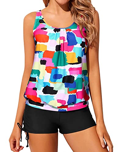 Yonique Blouson Tankini Badeanzüge für Damen 2-teilige Badeanzüge Tops mit Boyshorts Bescheidene lockere Passform Bademode, Farbblock, Medium von Yonique