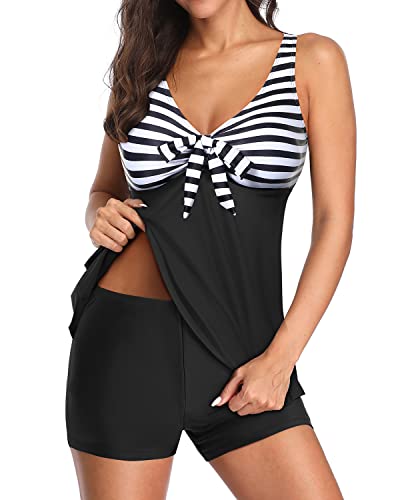 Yonique 2-teiliger fließender Tankini-Badeanzug für Damen, mit Boyshorts, V-Ausschnitt, Badeanzug, bescheidene Bademode, Schwarz Weiß, XL von Yonique