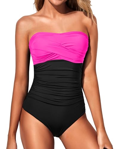 Yonique Damen-Badeanzug, trägerlos, einteilig, Bauchkontrolle, Bandeau-Badeanzüge, schlankmachend, Twist-Front-Badebekleidung, Hot Pink und Schwarz, S von Yonique