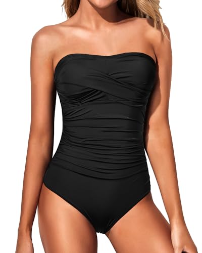 Yonique Damen-Badeanzug, trägerlos, einteilig, Bauchkontrolle, Bandeau-Badeanzüge, schlankmachend, Twist-Front-Badebekleidung, Schwarz, Large von Yonique