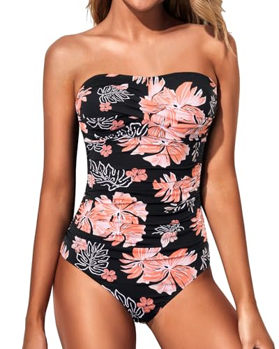 Yonique Damen-Badeanzug, trägerlos, einteilig, Bauchkontrolle, Bandeau-Badeanzüge, schlankmachend, Twist-Front-Badebekleidung, Schwarz und Blumen, XX-Large von Yonique