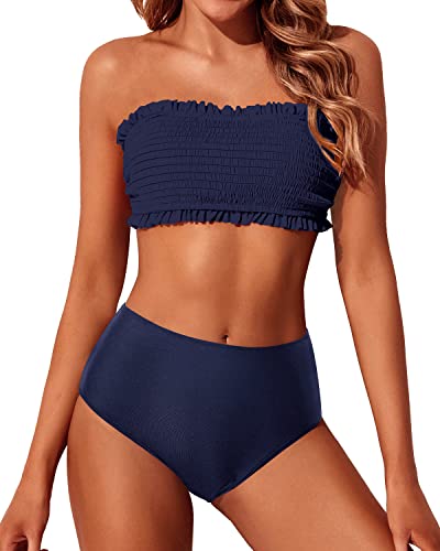 Yonique Damen Bandeau-Bikini-Set, zweiteilige gesmokte Badeanzüge, Rüschen, schulterfrei, Badeanzug mit hoher Taille, Blau, XL von Yonique