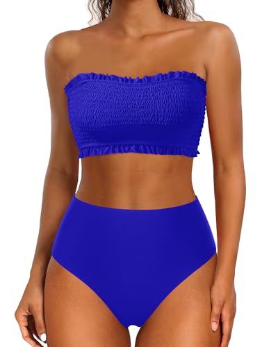 Yonique Damen Bandeau-Bikini-Set, zweiteilige gesmokte Badeanzüge, Rüschen, schulterfrei, Badeanzug mit hoher Taille, Königsblau, S von Yonique