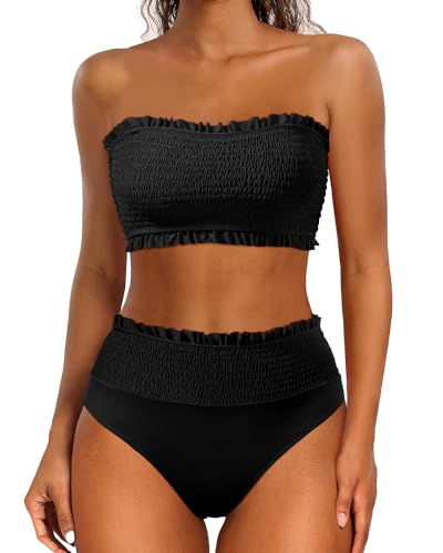 Yonique Damen Bandeau-Bikini-Set, zweiteilige gesmokte Badeanzüge, Rüschen, schulterfrei, Badeanzug mit hoher Taille, Pure Black, XL von Yonique