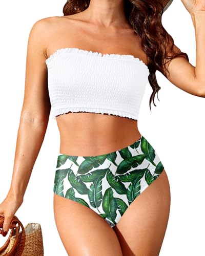Yonique Damen Bandeau-Bikini-Set, zweiteilig, gesmokt, Rüschen, schulterfrei, Badeanzug mit hoher Taille, Weiss/opulenter Garten, XL von Yonique