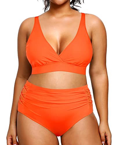 Yonique Damen-Bikini, Übergröße, hohe Taille, Bademode, Bauchkontrolle, Zweiteilige Badeanzüge, neon-orange, 42 von Yonique